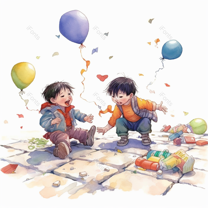 气球飘带两个小男孩街头打闹玩耍嬉戏可爱插画,插画/手绘图,插画/手绘图库,插画/手绘图下载,插画/手绘